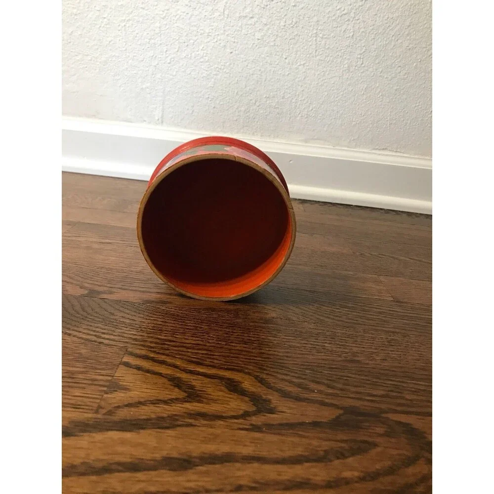 vtg 70s‎ boho wooden jewelry bowl hand painted orange floral home decor gift